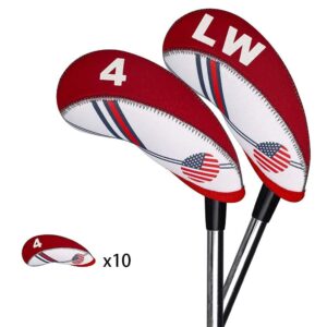 BIG TEETH Golf Iron Head Covers 10Pcs Neoprene USA Flag Golf Club Protector Multi Color Golf Club Protector (Red)