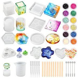 lotfancy resin mold kit, 7pcs silicone molds for resin casting, epoxy resin, coaster, ashtray, diy art crystal diamond, plant pot, pen candle soap, flowers preservation and set tools