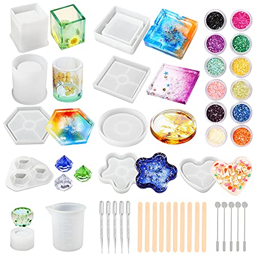 LotFancy Resin Mold Kit, 7pcs Silicone Molds for Resin Casting, Epoxy Resin, Coaster, Ashtray, DIY Art Crystal Diamond, Plant Pot, Pen Candle Soap, Flowers Preservation and Set Tools