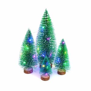 artificial mini christmas tree,4pcs bottle brush christmas tree with 1pc string lights contains 30 leds, small sisal trees with wooden bases,xmas holiday decor