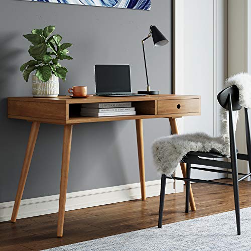 Nathan James Parker Modern Home Office Writing, Computer or Laptop Desk with Open Storage Cubby and Small Drawer, Walnut