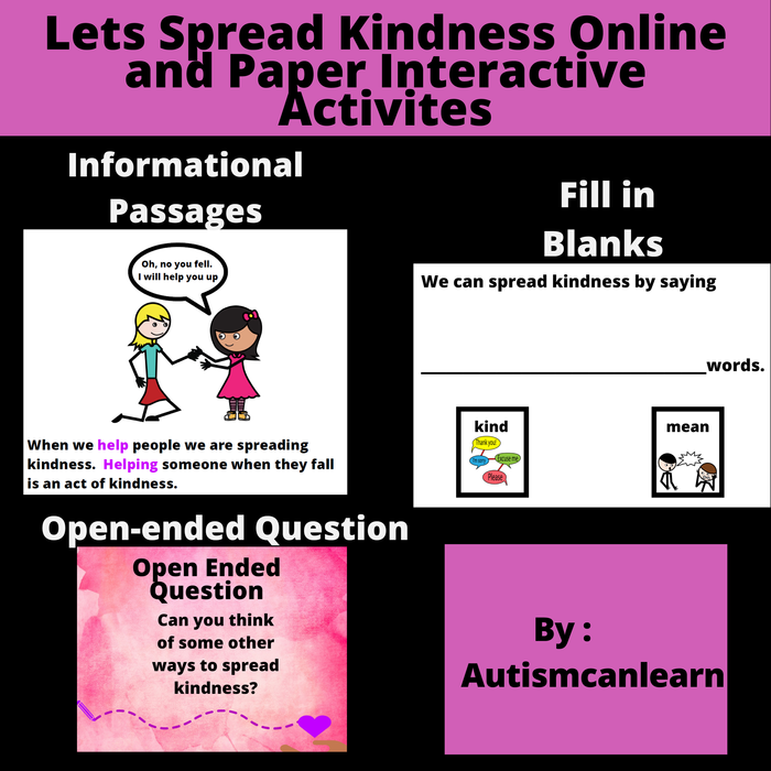 Lets Spread Kindness fill in the blank, open-ended question and poster activity