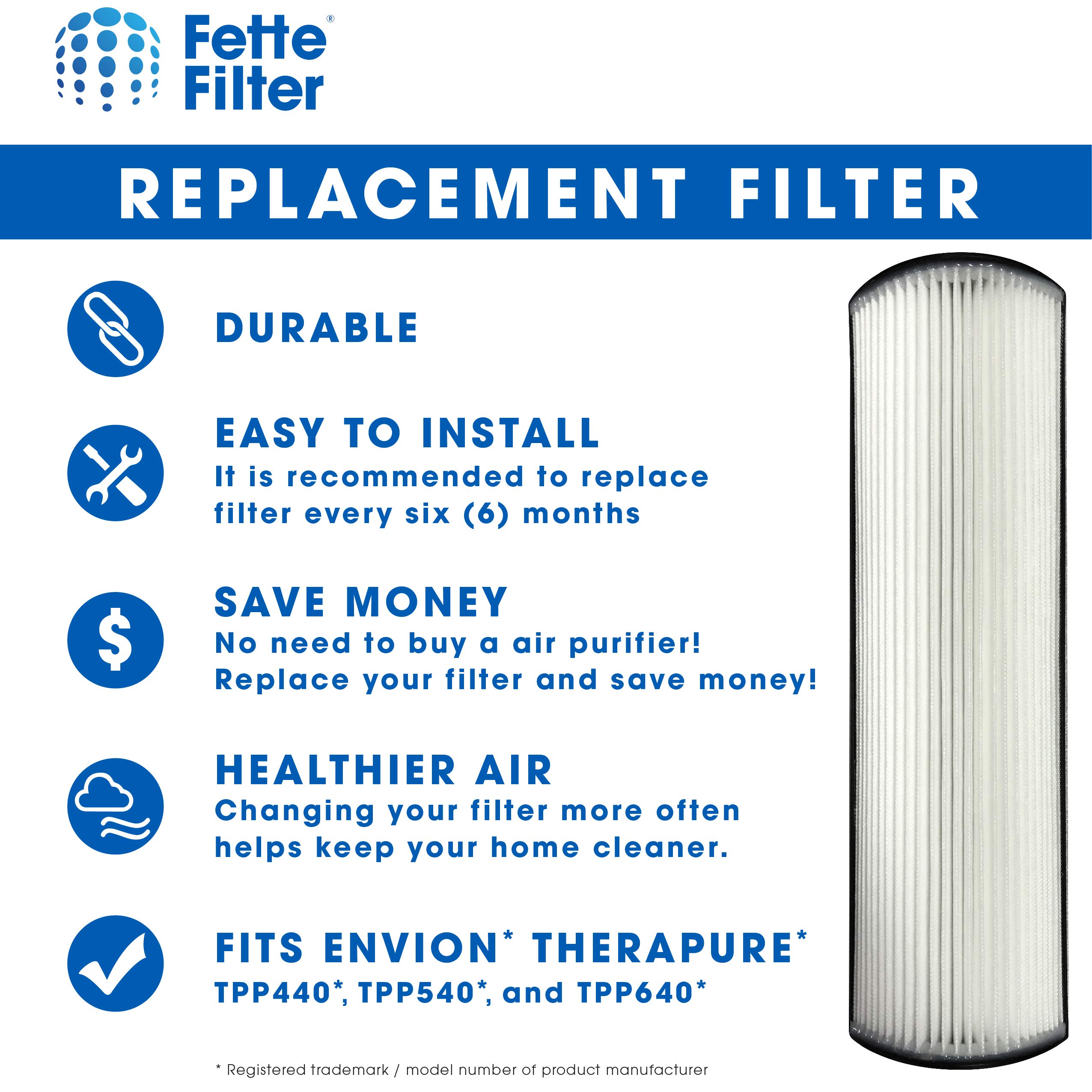 Fette Filter - TPP440F True HEPA H13 Replacement Filter Compatible with Therapure Envion Air Purifier Models TPP440 TPP540 TPP640 TPP640S - Package Contains 2 Replacement Filters.