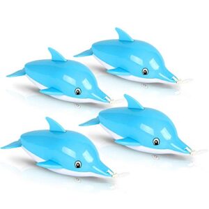 artcreativity pullback string dolphin bath tub toys for kids, set of 4, swimming dolphin water toys for bathtub, pool, and lake fun, adorable aquarium birthday party favors for boys and girls