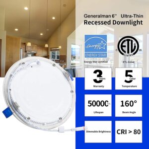 6 Pack 6 Inch 5CCT Ultra-Thin LED Recessed Lighting with Junction Box,2700K/3000k/3500K/4000K/5000K 5 Color Temperatures Selectable,12 W Canless Dimmable Slim Downlight