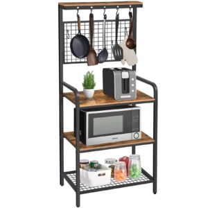 beewoot bakers rack, coffee bar, microwave oven stand with shelf, utility storage shelf for spices, pots, and pans, workstation with 11 hooks, stable metal frame, rustic brown br01bb007