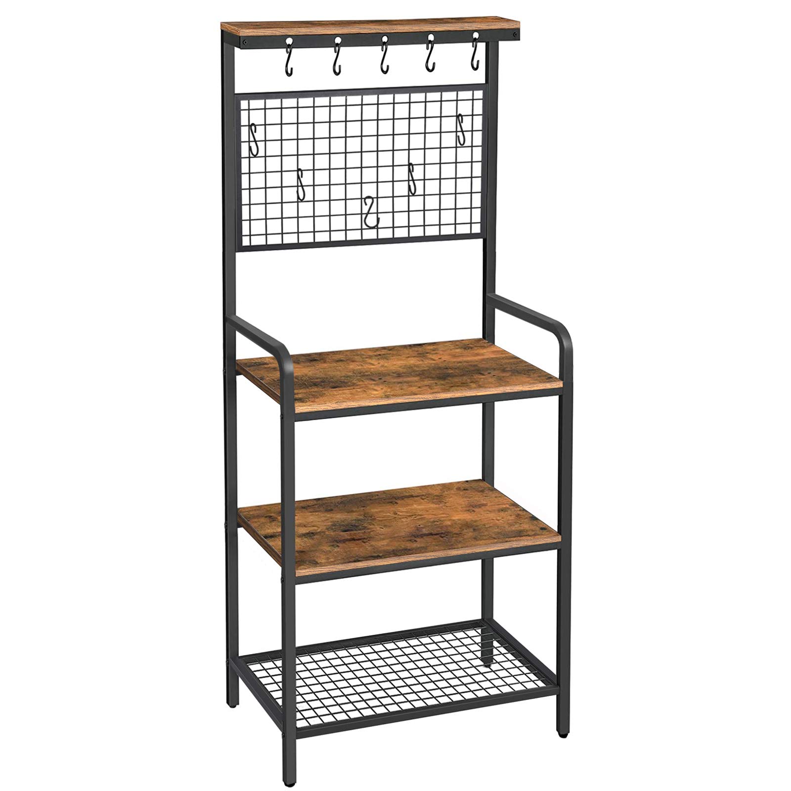 BEEWOOT Bakers Rack, Coffee Bar, Microwave Oven Stand with Shelf, Utility Storage Shelf for Spices, Pots, and Pans, Workstation with 11 Hooks, Stable Metal Frame, Rustic Brown BR01BB007