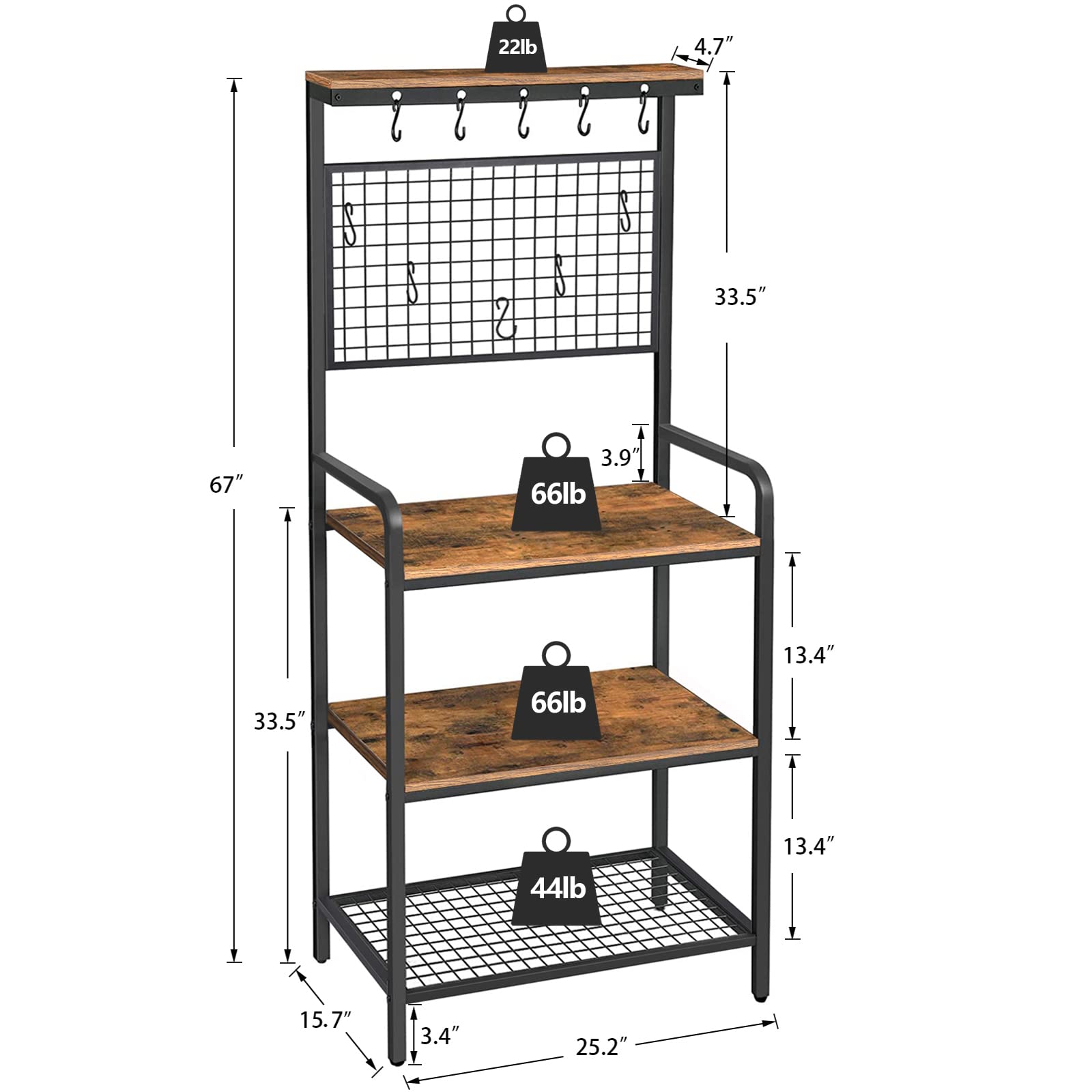 BEEWOOT Bakers Rack, Coffee Bar, Microwave Oven Stand with Shelf, Utility Storage Shelf for Spices, Pots, and Pans, Workstation with 11 Hooks, Stable Metal Frame, Rustic Brown BR01BB007