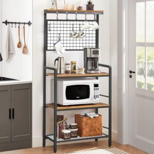BEEWOOT Bakers Rack, Coffee Bar, Microwave Oven Stand with Shelf, Utility Storage Shelf for Spices, Pots, and Pans, Workstation with 11 Hooks, Stable Metal Frame, Rustic Brown BR01BB007