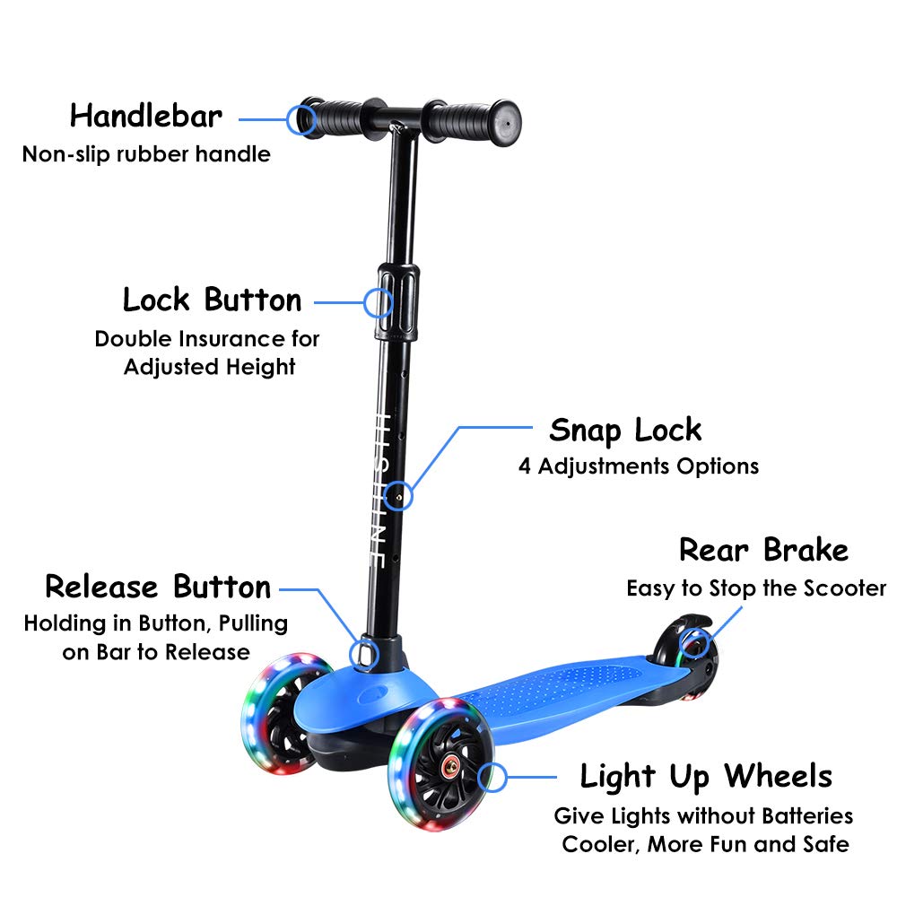 Toddler Scooter for Kids 3 Wheels Scooter for Boys Girls Kick Scooter with PU Flashing Wheels, Adjustable Height, Lean to Steer,Fits Children Ages 2-5 Years Old, Blue