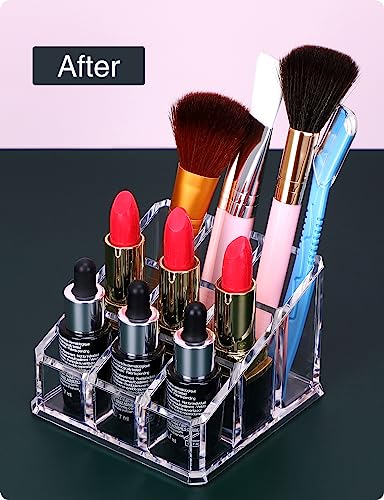 MOSIKER Lipstick Lip Gloss Organizer,Small Clear Acrylic Compact Essential Oil Rollerball Perfume Holder with 9 Slots