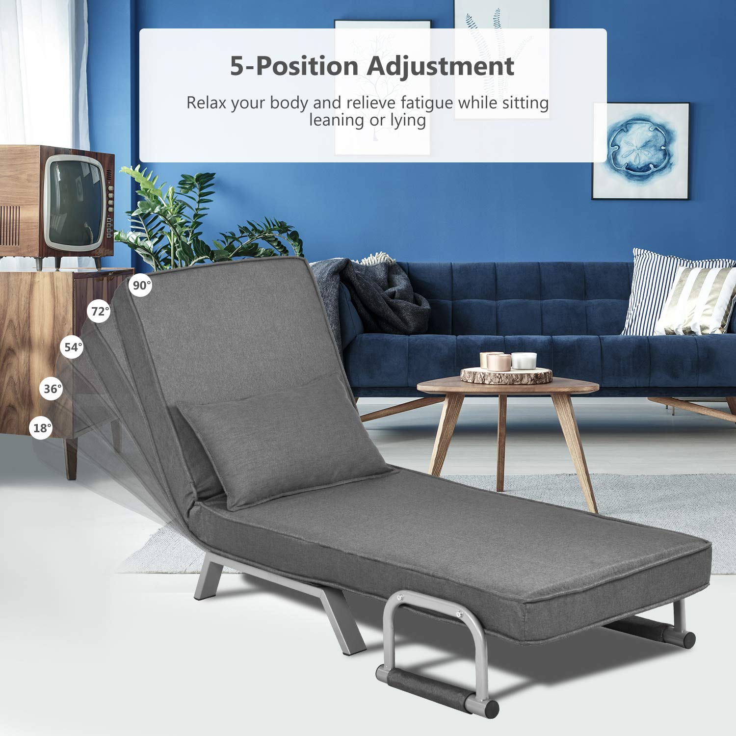Convertible Sofa Bed Sleeper Chair, Modern Chaise Lounge 5 Position Adjustable Backrest, Folding Arm Chair Sleeper with Pillow, Upholstered Seat, Couch for Bedroom Home Office, Grey