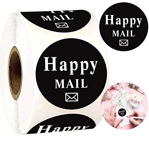 1.5" Happy Mail Business Stickers-Happy Mail Packaging Labels Envelop Seals 500 Pcs Post Package Labels Black Business Mail Packing Stickers Adhesive Labels for Small Business and Online Shop Owners