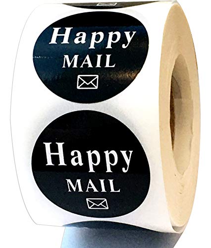 1.5" Happy Mail Business Stickers-Happy Mail Packaging Labels Envelop Seals 500 Pcs Post Package Labels Black Business Mail Packing Stickers Adhesive Labels for Small Business and Online Shop Owners