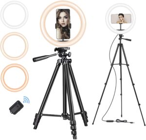 10" selfie ring light with stand and phone holder, sumcoo dimmable beauty ring light with tripod for live streaming/makeup/youtube video, compatible with iphone & android phone