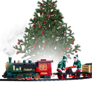 christmas train set for under the tree with lights, and sounds - holiday train around christmas tree w/large tracks | battery operated electric train set with 160 inches of track and 2 xmas elves