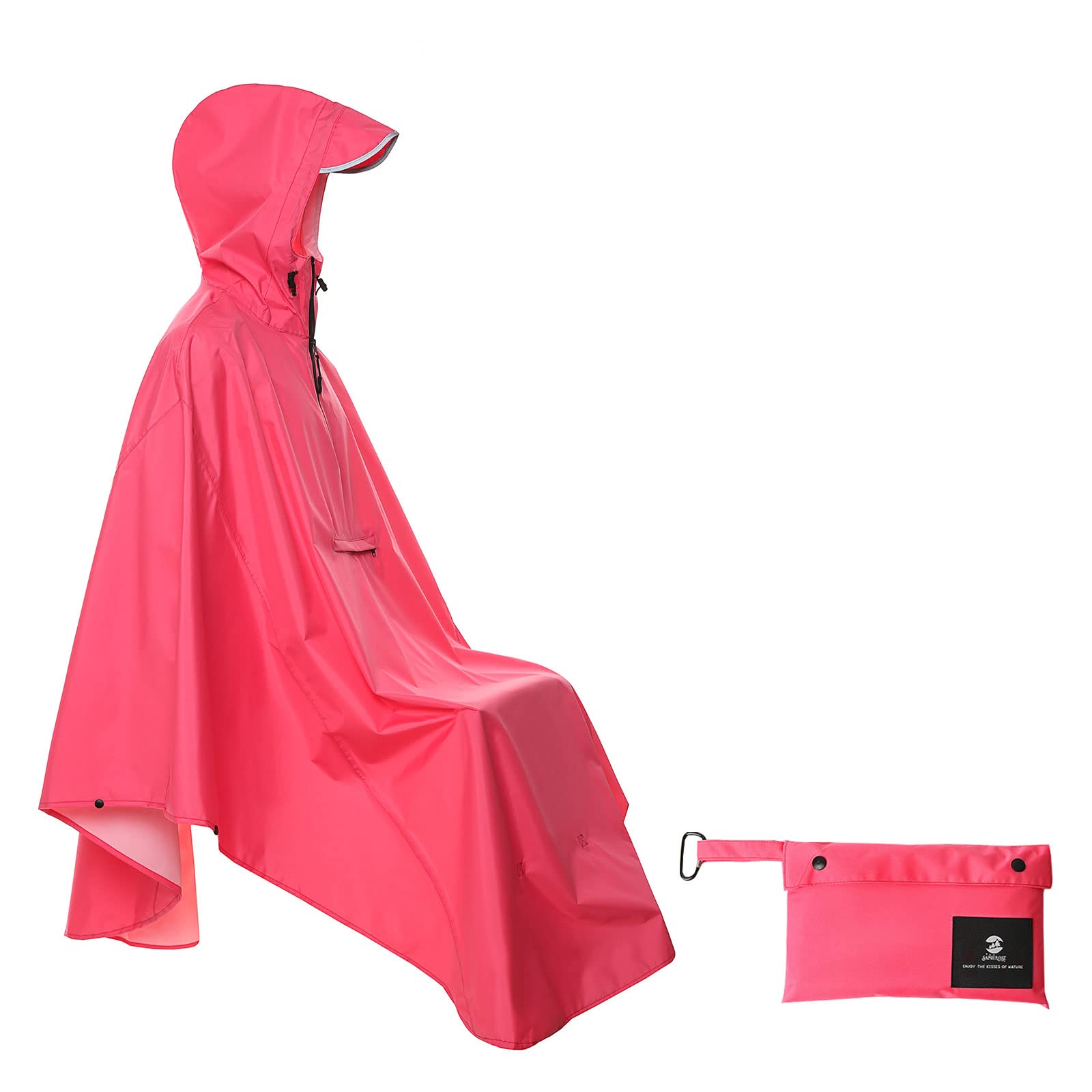 SaphiRose Lightweight Cycling Jacket Rain Poncho Hooded Rain Coat Cape with Reflective Stripe for Bikes(Rose-Red)