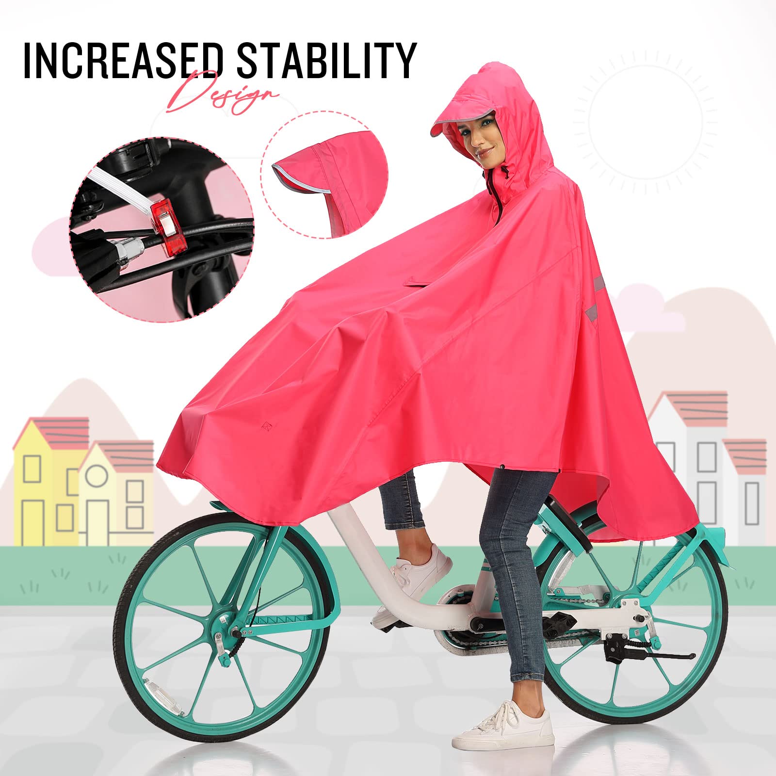 SaphiRose Lightweight Cycling Jacket Rain Poncho Hooded Rain Coat Cape with Reflective Stripe for Bikes(Rose-Red)