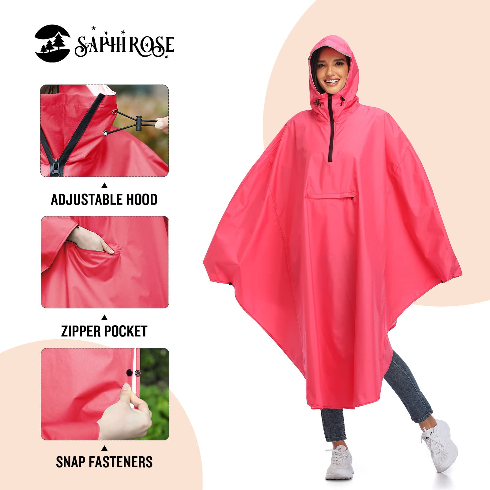 SaphiRose Lightweight Cycling Jacket Rain Poncho Hooded Rain Coat Cape with Reflective Stripe for Bikes(Rose-Red)