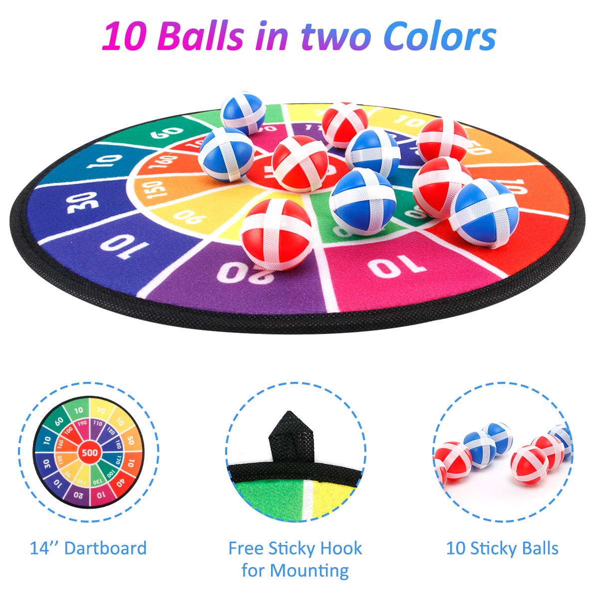 Fundia Kids Games 14.2 inch Dart Board Set with 10 Sticky Balls, Safe Indoor Outdoor Games for Kids, Toys for 3 4 5 6 7 8 9 10 Year Old Boys Girls Teen Gifts Christmas Birthday Gifts for Boys Girls