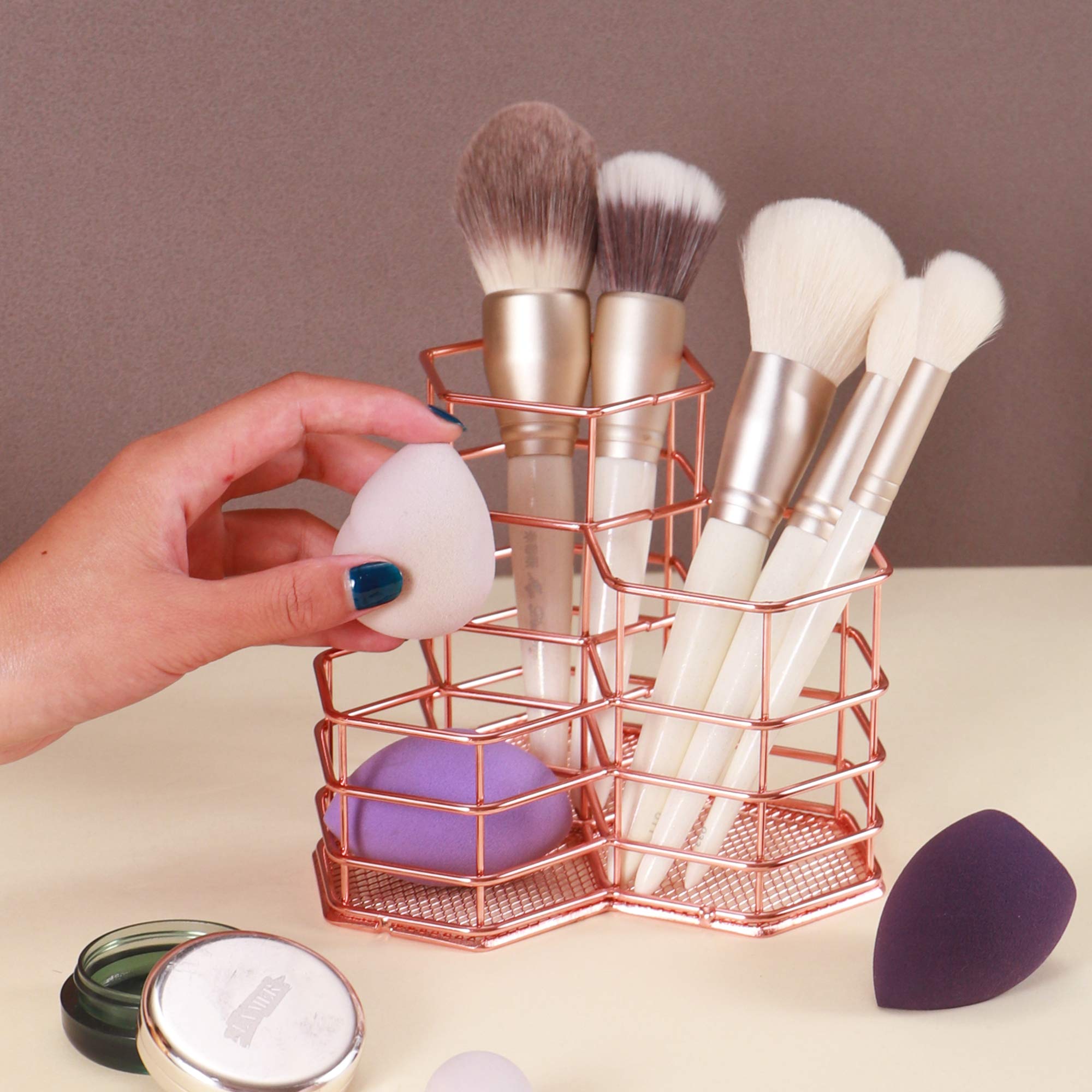 ANNE'S GIVERNY Makeup Brush Holder Metal Organizer Golden Rose Cosmetic Storage Beauty Sponges Blender holder Display