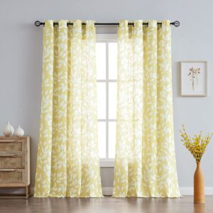 treatmentex white and yellow leaf curtains for living room 72" length print semi-sheer curtains for kitchen windows, mustard yellow, grommet top, 2 pack