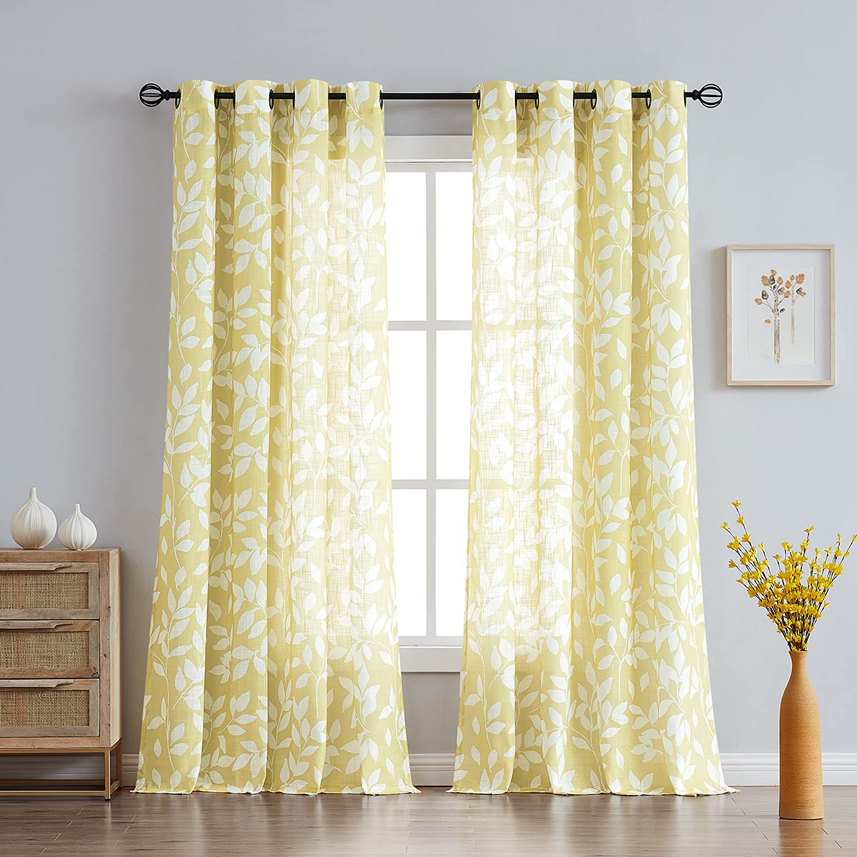 Treatmentex White and Yellow Leaf Curtains for Living Room 72" Length Print Semi-Sheer Curtains for Kitchen Windows, Mustard Yellow, Grommet Top, 2 Pack