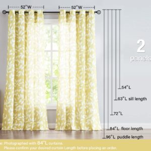 Treatmentex White and Yellow Leaf Curtains for Living Room 72" Length Print Semi-Sheer Curtains for Kitchen Windows, Mustard Yellow, Grommet Top, 2 Pack