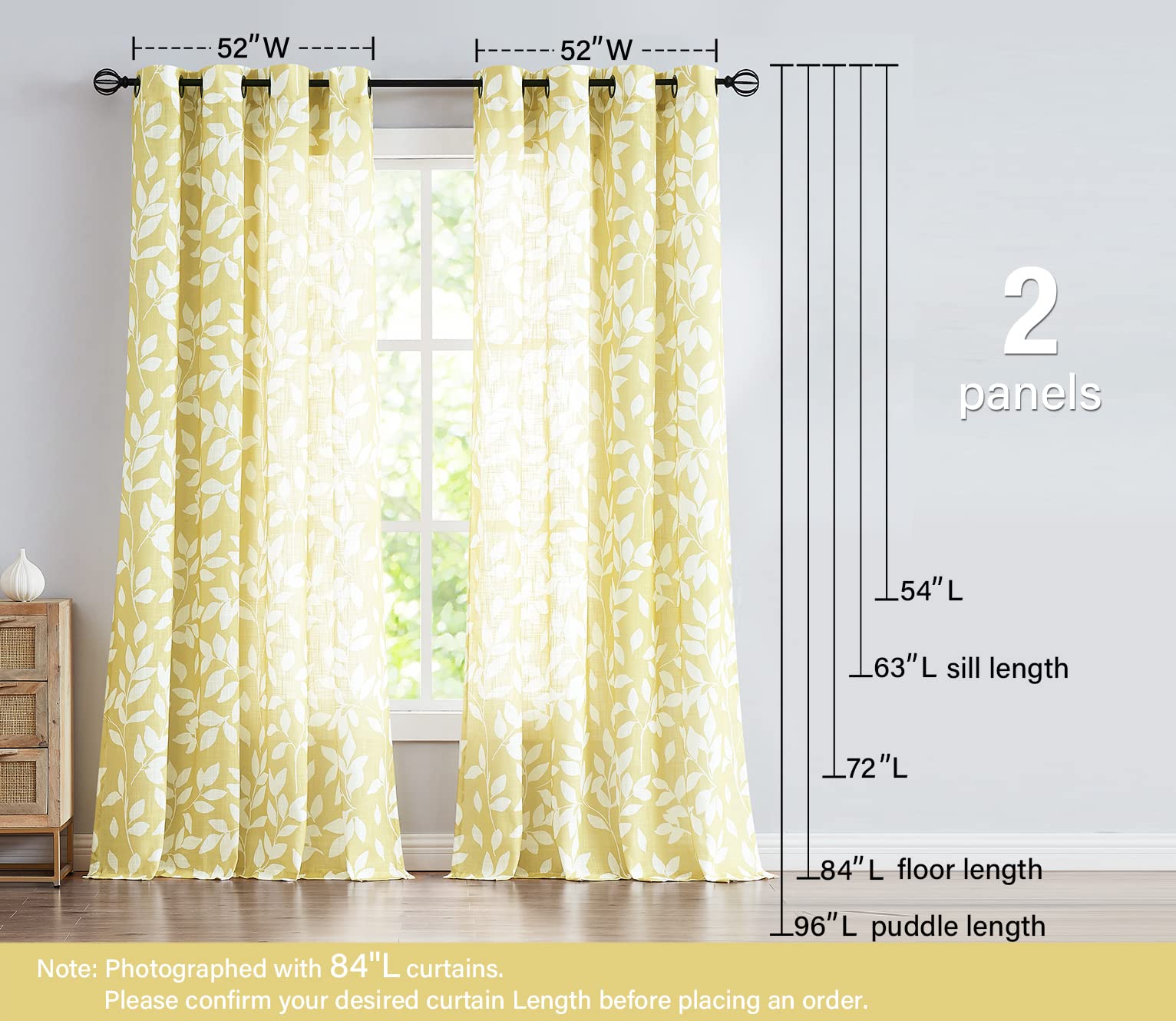 Treatmentex White and Yellow Leaf Curtains for Living Room 72" Length Print Semi-Sheer Curtains for Kitchen Windows, Mustard Yellow, Grommet Top, 2 Pack