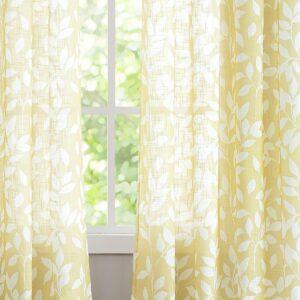 Treatmentex White and Yellow Leaf Curtains for Living Room 72" Length Print Semi-Sheer Curtains for Kitchen Windows, Mustard Yellow, Grommet Top, 2 Pack