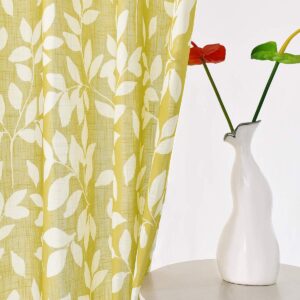 Treatmentex White and Yellow Leaf Curtains for Living Room 72" Length Print Semi-Sheer Curtains for Kitchen Windows, Mustard Yellow, Grommet Top, 2 Pack