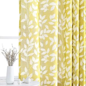 Treatmentex White and Yellow Leaf Curtains for Living Room 72" Length Print Semi-Sheer Curtains for Kitchen Windows, Mustard Yellow, Grommet Top, 2 Pack