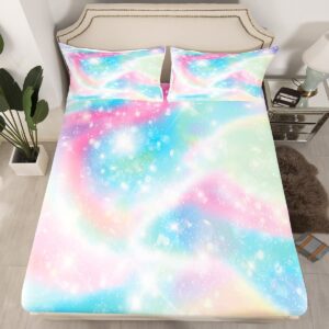 homewish galaxy fitted sheet sweet girls bedding set 3pcs with 2 pillowcases tie dye fitted sheet set for kids girls adults soft microfiber bedding all-round elastic pocket,full size