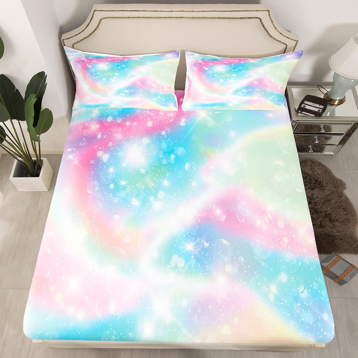 Homewish Galaxy Fitted Sheet Sweet Girls Bedding Set 3pcs with 2 Pillowcases Tie Dye Fitted Sheet Set for Kids Girls Adults Soft Microfiber Bedding All-Round Elastic Pocket,Full Size