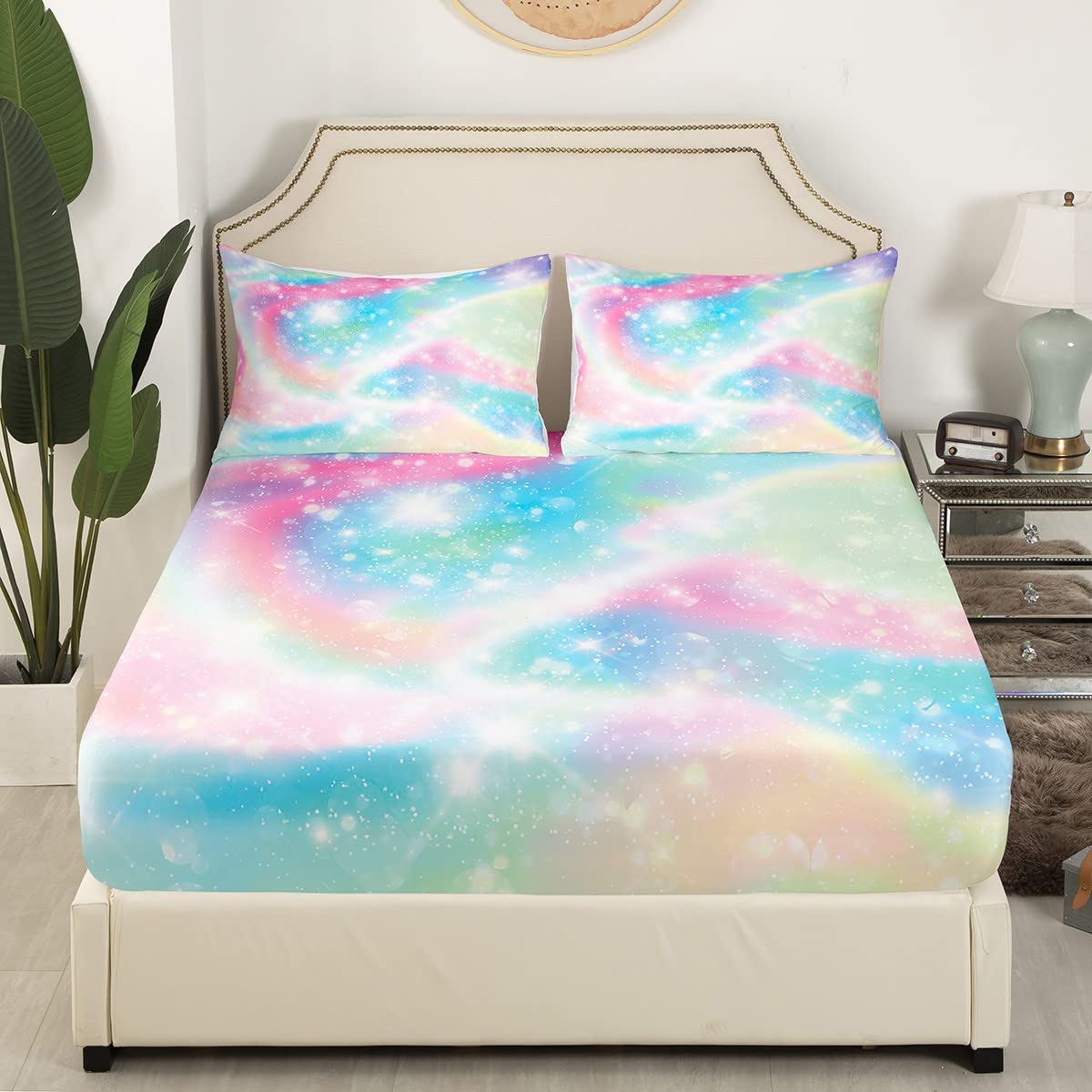 Homewish Galaxy Fitted Sheet Sweet Girls Bedding Set 3pcs with 2 Pillowcases Tie Dye Fitted Sheet Set for Kids Girls Adults Soft Microfiber Bedding All-Round Elastic Pocket,Full Size