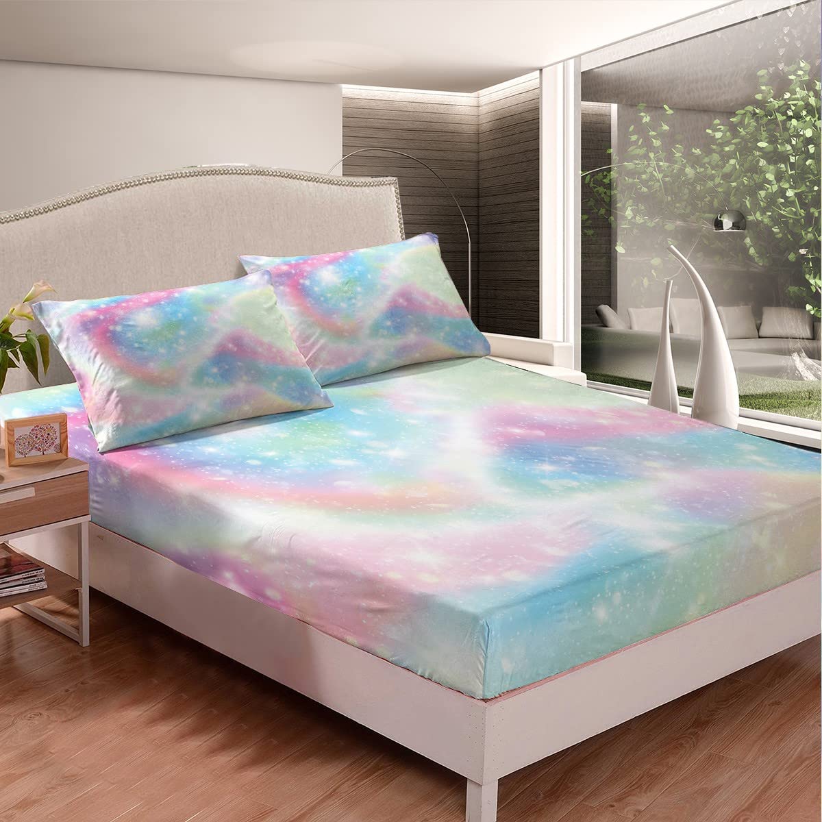 Homewish Galaxy Fitted Sheet Sweet Girls Bedding Set 3pcs with 2 Pillowcases Tie Dye Fitted Sheet Set for Kids Girls Adults Soft Microfiber Bedding All-Round Elastic Pocket,Full Size