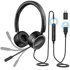new bee usb headset computer headset in-line call controls office headset with noise cancelling micphone call center headset for skype, zoom, laptop, phone, pc, tablet, home with usb-c adapter
