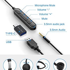 New bee USB Headset Computer Headset in-Line Call Controls Office Headset with Noise Cancelling Micphone Call Center Headset for Skype, Zoom, Laptop, Phone, PC, Tablet, Home with USB-C Adapter