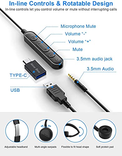 New bee USB Headset Computer Headset in-Line Call Controls Office Headset with Noise Cancelling Micphone Call Center Headset for Skype, Zoom, Laptop, Phone, PC, Tablet, Home with USB-C Adapter