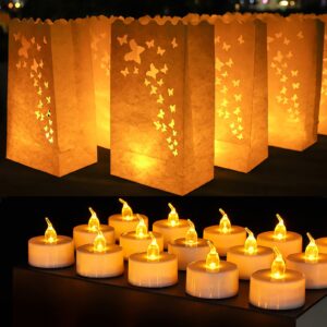 50 pcs butterfly luminary bags & 50 pcs battery tea lights, white luminary bags with flameless candles, led lamp holiday gift flameless led tealight for outdoor christmas thanksgiving decorations
