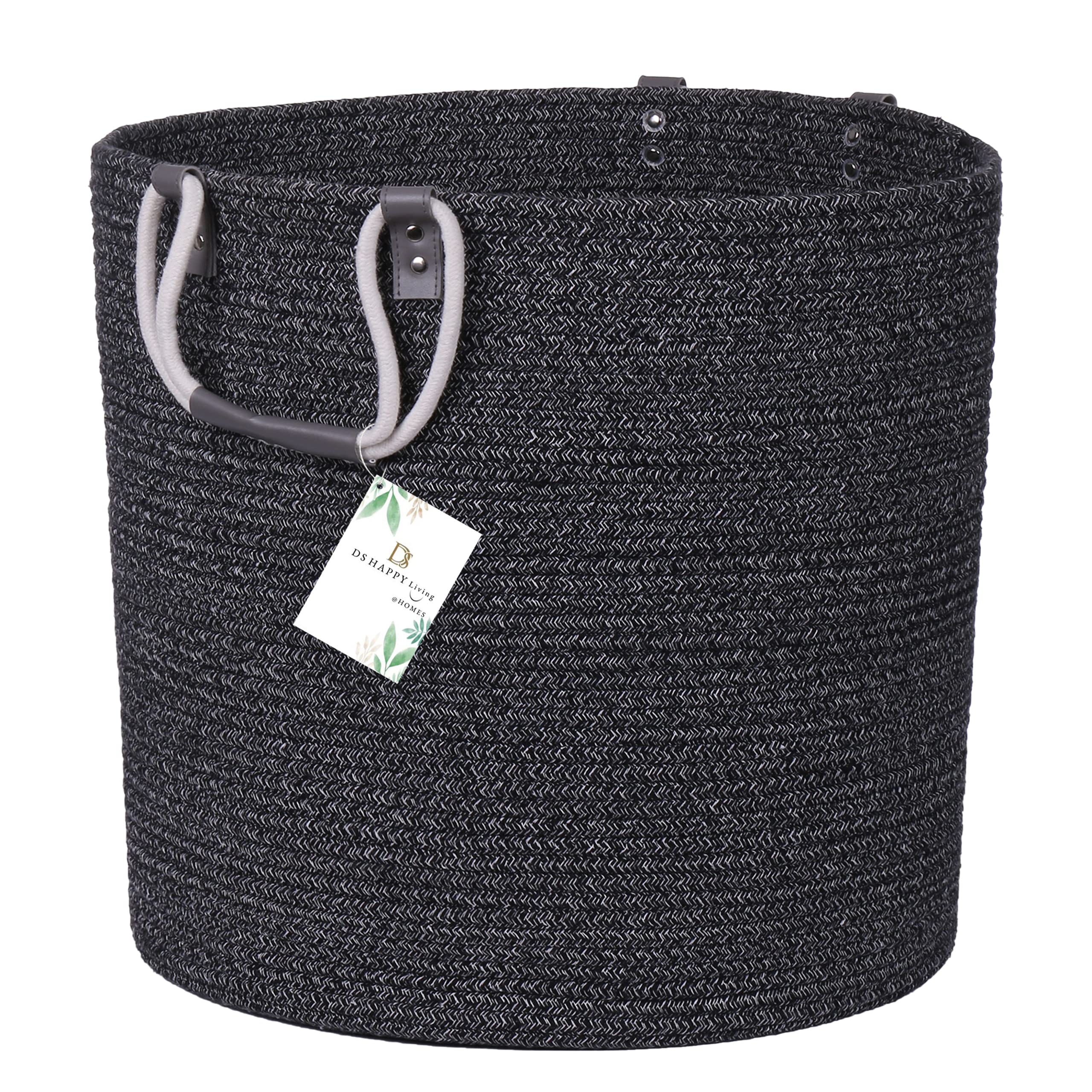 DS HappyLiving 100% Cotton Black Wicker Basket Tall Woven Laundry Basket Black XXL Basket Black Blanket Basket Black Wicker Basket Tall Modern Basket For Blankets