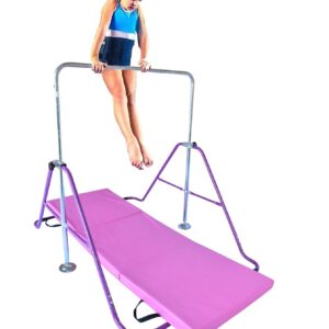 Athletic Bar Gymnastics Bar Horizontal Kip Bar + 2x6 Tri Fold Mat Junior Training Adjustable Expandable Height Jungle Gym Children Monkey Bars Climb Tower Playground Gymnasts + Stretch Band (Purple)