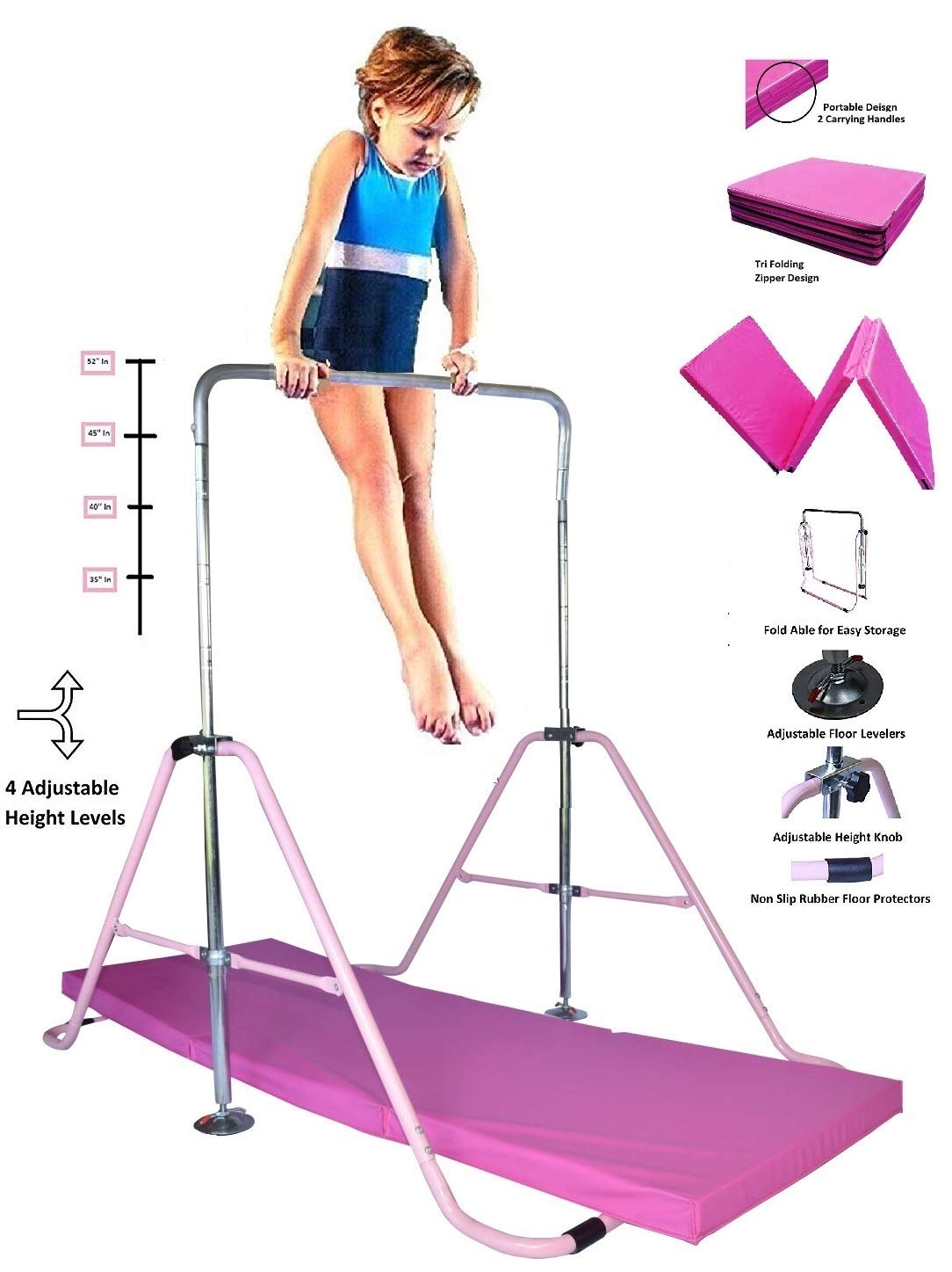 Athletic Bar Gymnastics Bar Horizontal Kip Bar + 2x6 Tri Fold Mat Junior Training Adjustable Expandable Height Jungle Gym Children Monkey Bars Climb Tower Playground Gymnasts + Stretch Band (Purple)