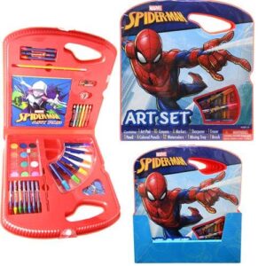 spiderman art set with watercolors, markers, colored pencils and carrying case