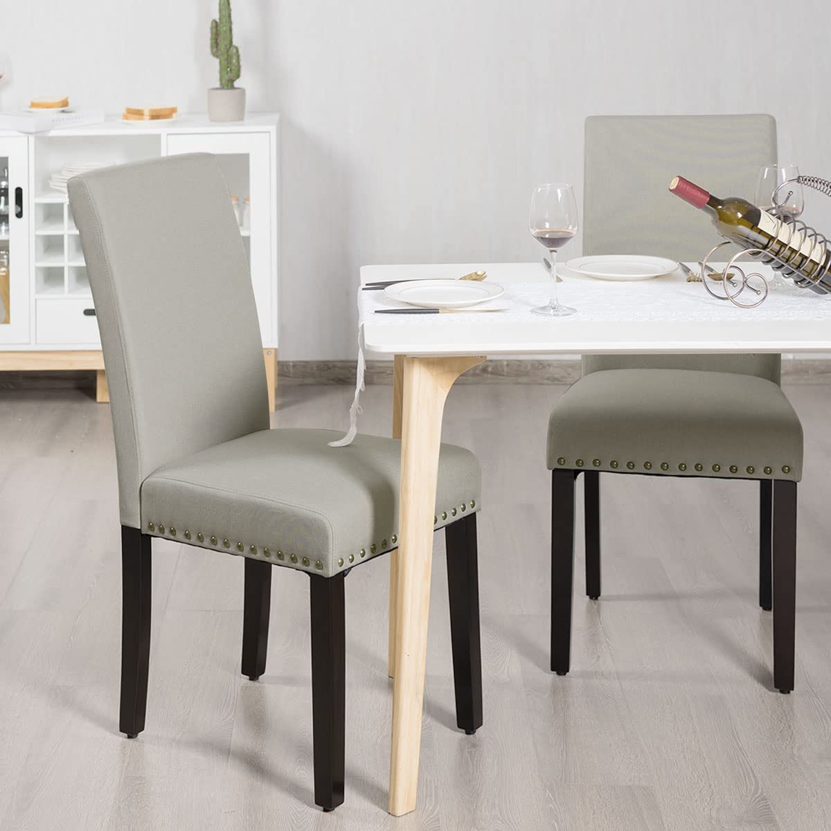 Giantex Upholstered Dining Chairs Set of 2, Fabric Side Chairs with Wood Legs, Soft Padded Seat, Nailhead Trim, Armless Parsons Dining Chair, Ideal for Dining Room, Kitchen, Living Room, Light Sage