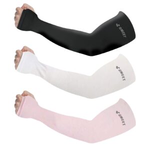 qmeet 3 pcs cooling arm sleeves for men/women and kids,uv protective upf 50,tattoo cover,sun protection.suitable for running,fishing,basketball,football,cycling,etc.(black white pink)