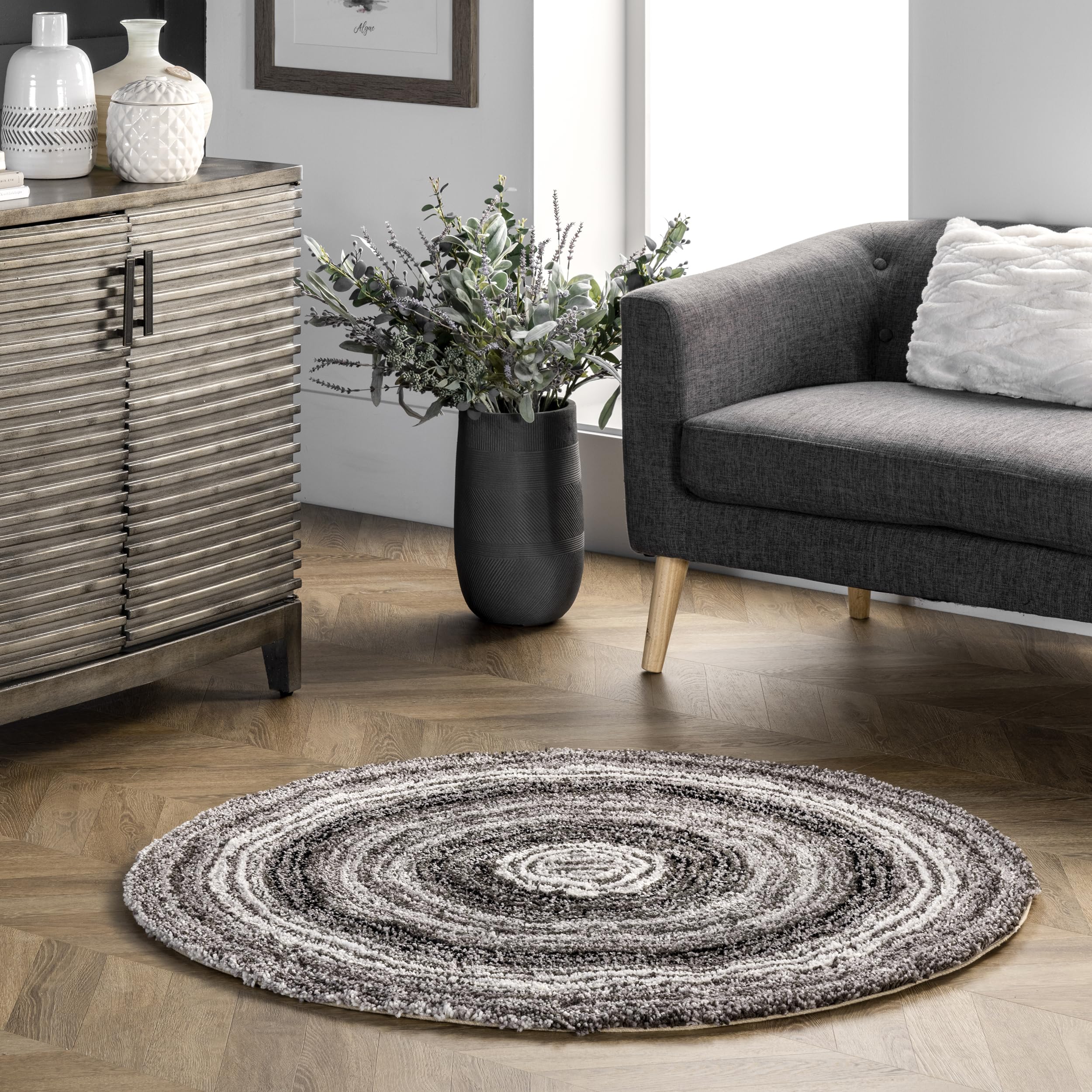 nuLOOM Drey Striped Shag Area Rug - 6 Round Shag Area Rug Casual Gray Multi/Brown Rugs for Living Room Bedroom Dining Room Nursery