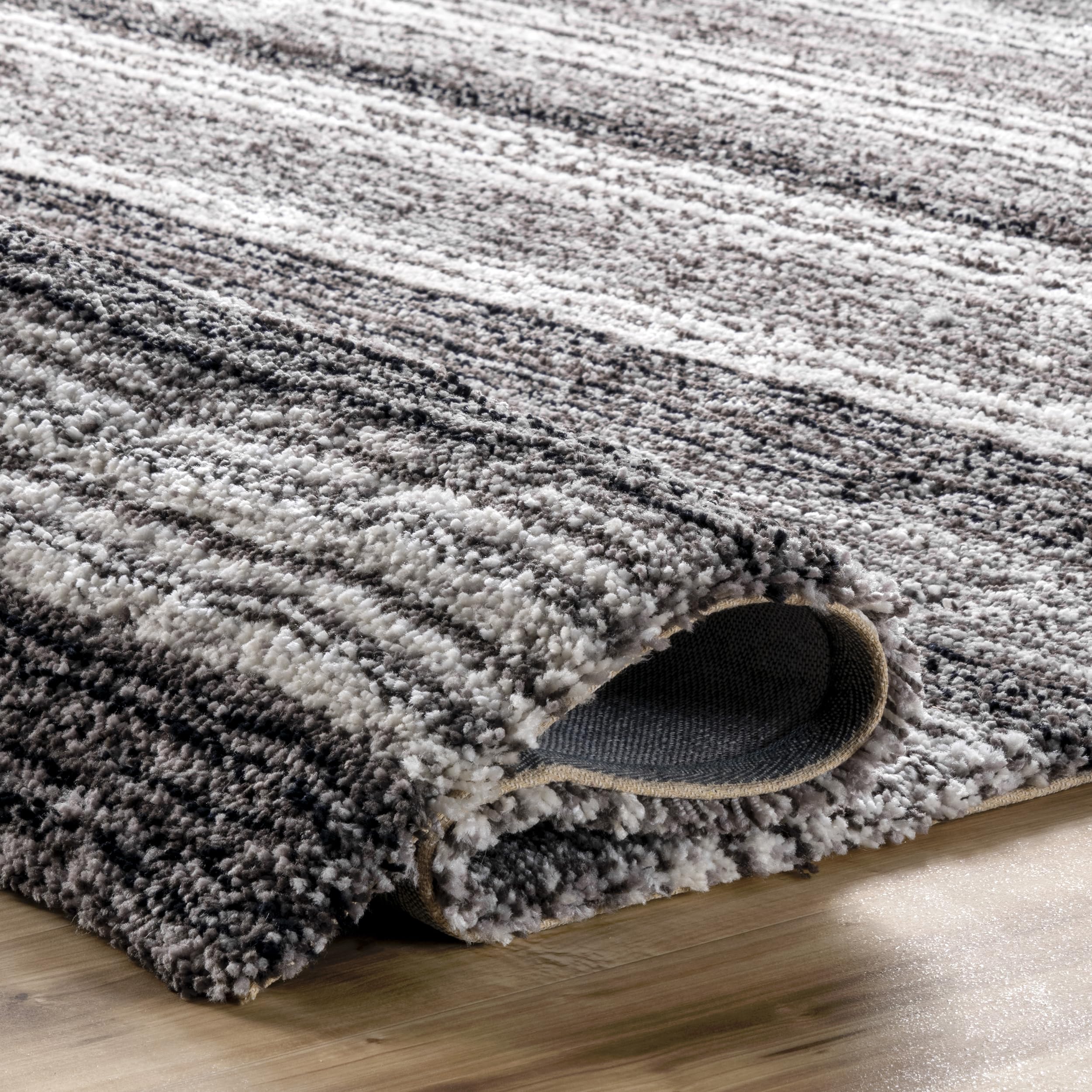 nuLOOM Drey Striped Shag Area Rug - 6 Round Shag Area Rug Casual Gray Multi/Brown Rugs for Living Room Bedroom Dining Room Nursery