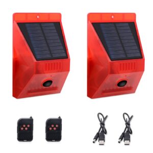 chunhee solar alarm strobe light with remote control motion sensor detector outdoor alarm 129db sound security siren ip65 waterproof protected for villa, chicken coop, farm, yard, 2 pack