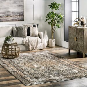 nuloom charvi distressed medallion fringe area rug - 7x10 area rug vintage beige/ivory rugs for living room bedroom dining room kitchen